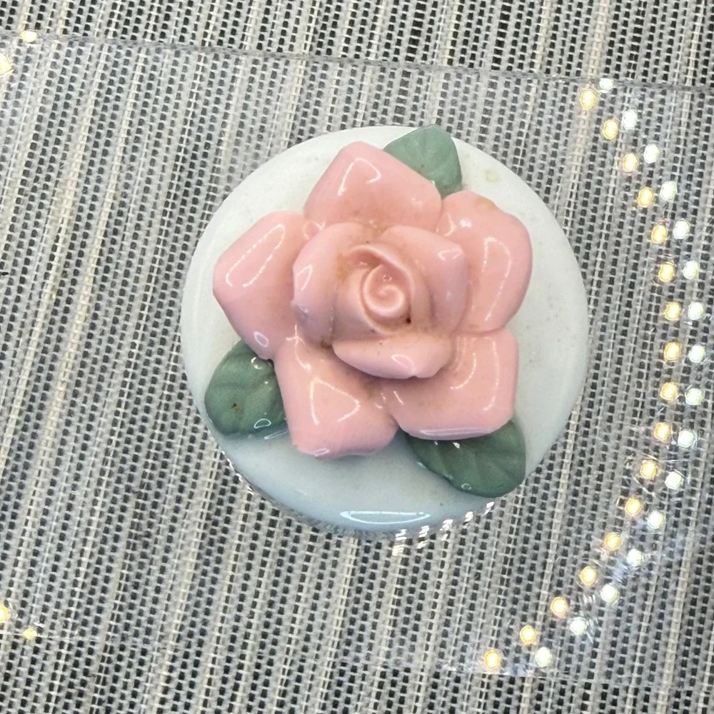 Vintage Porcelain Trinket Box Pink Rose Flower Lid Round Ceramic Jewelry Case
